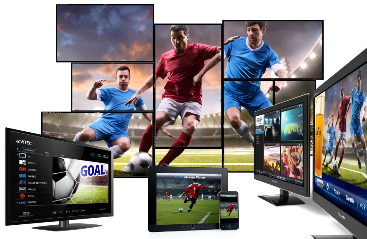 Un match de soccer en direct sur un téléviseur, un ordinateur portable, une tablette et un téléphone